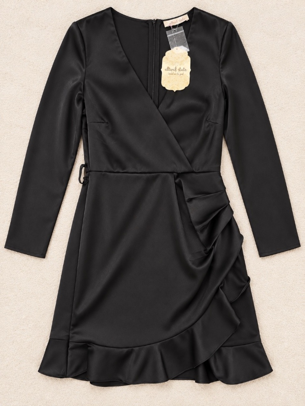 Altar’d State Black Satin Ruffle Wrap Mini Dress XS NWT